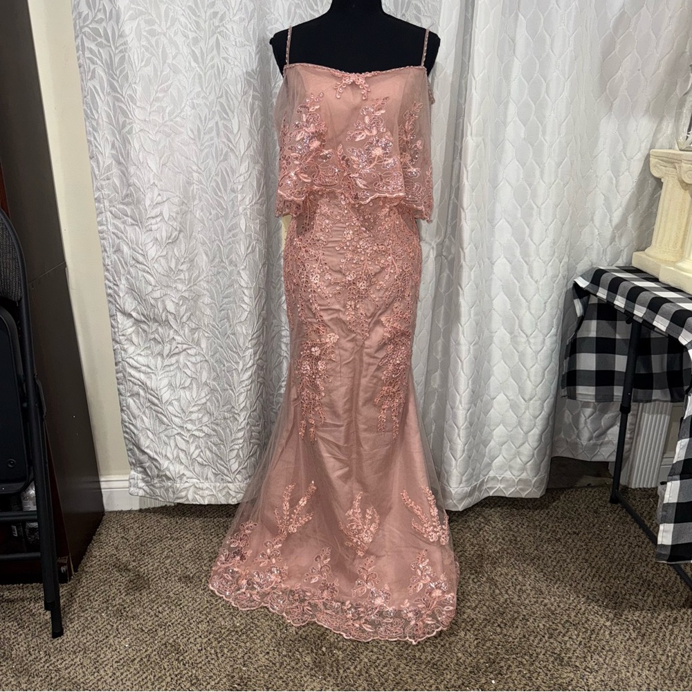 Pink Sequin Lace Mermaid Dress Off Shoulder Prom Wedding Guest L NWT Glam